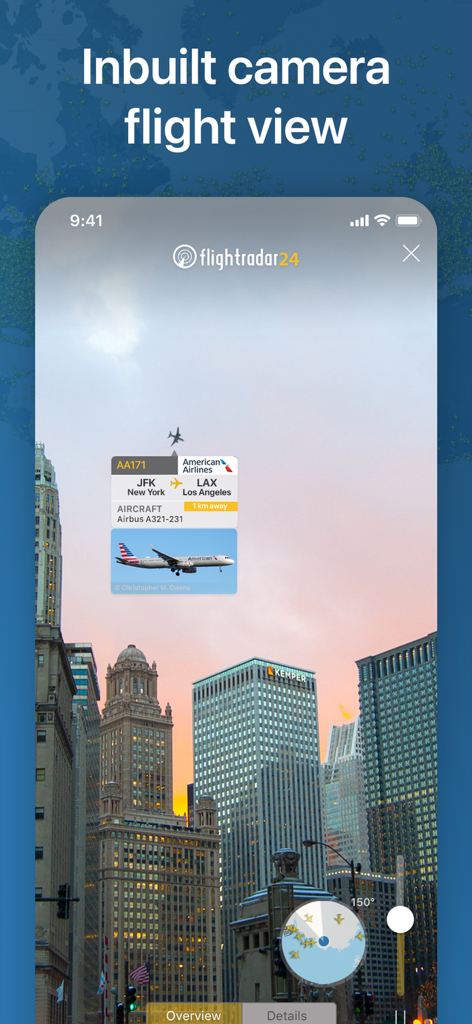 Smartphone screen showing the Flightradar24 AR feature identifying a plane over a city skyline