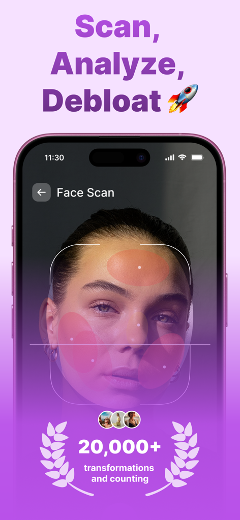 Debloat AI - Facial Asymmetry - Interface do aplicativo Debloat AI mostrando uma análise de escaneamento facial por IA para simetria e inchaço