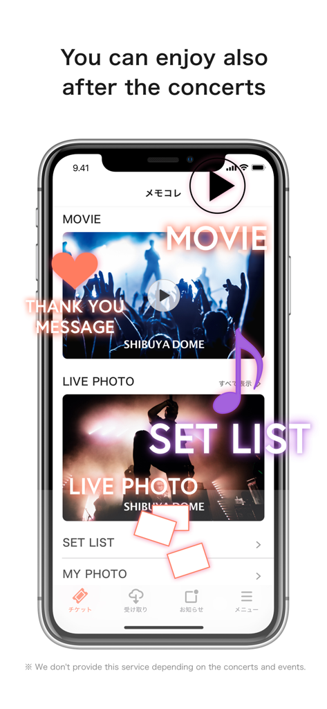 Tixplus E-Tickets - Una pantalla móvil mostrando el contenido posterior al concierto de la aplicación Tixplus, que incluye películas exclusivas, fotos en vivo y listas de canciones.