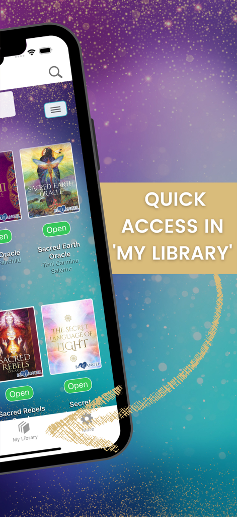 Beauty Everywhere Oracle Cards - A smartphone screen displaying the My Library section of the Beauty Everywhere Oracle Cards app showing various illustrated card decks.