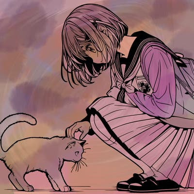 realistic anime girl bending down to pet a cat