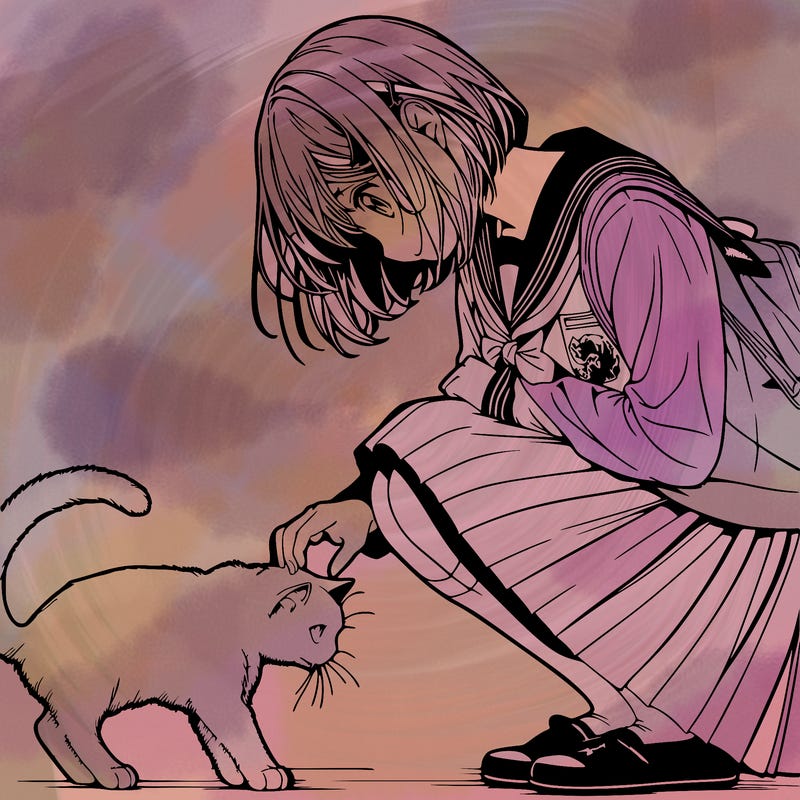 realistic anime girl bending down to pet a cat