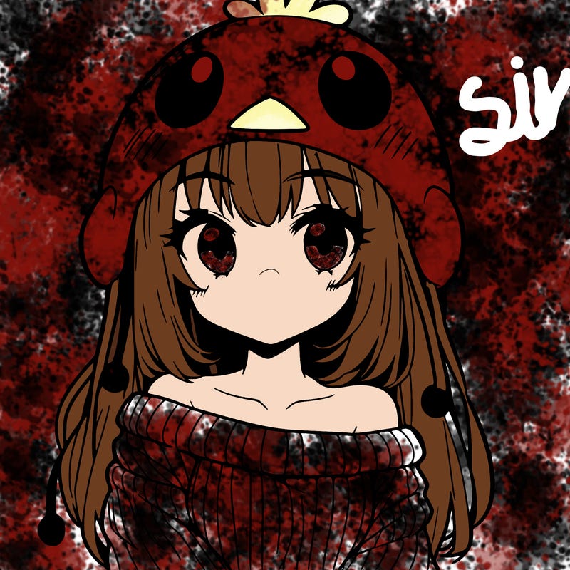 anime girl with chick shaped hat with sweater with bare shoulders with bangs covering them one eye with low tail