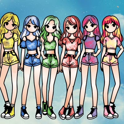 a group of girls wearing crop tops and shorts