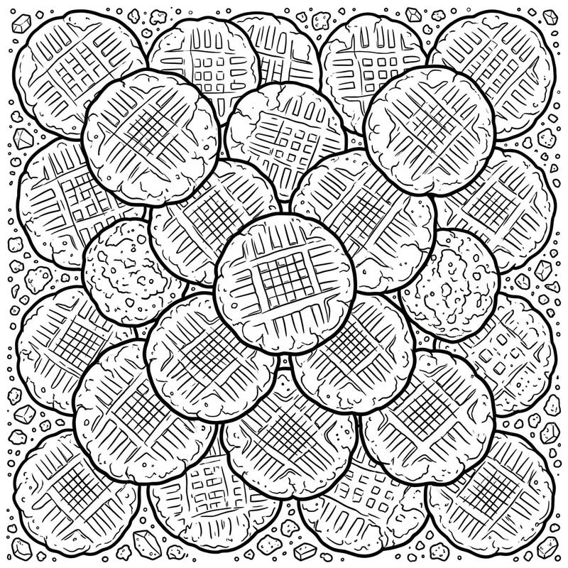 Get ready to color a delightful assortment of classic peanut butter cookies, each with its unique texture and iconic crosshatch pattern. This engaging coloring template is perfect for anyone who loves baking, treats, and a sweet creative challenge.