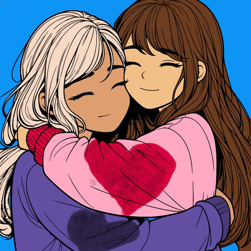 realistic two girls hugging