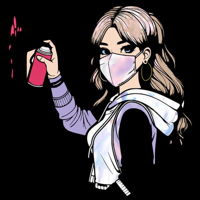 realistic girl with mask spray painting a wall