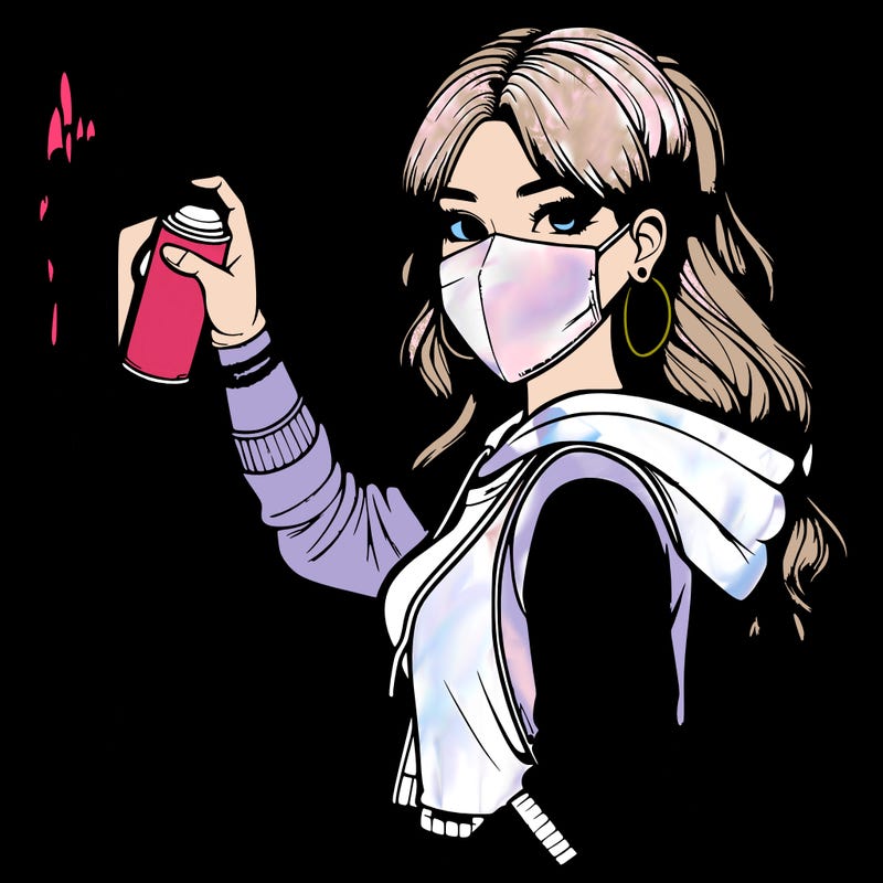 realistic girl with mask spray painting a wall