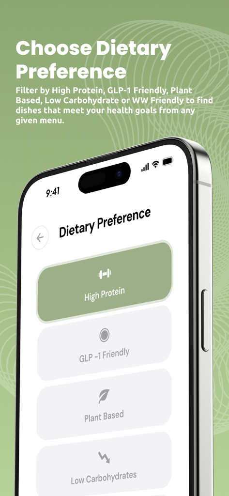 Menu Order AI: Find GLP1 Meals - Menu Order AI app interface showing dietary preference options such as GLP-1 Friendly and High Protein