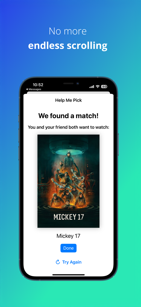 Binge List - Smartphone screen showing the Help Me Pick feature in Binge List app with a successful movie match