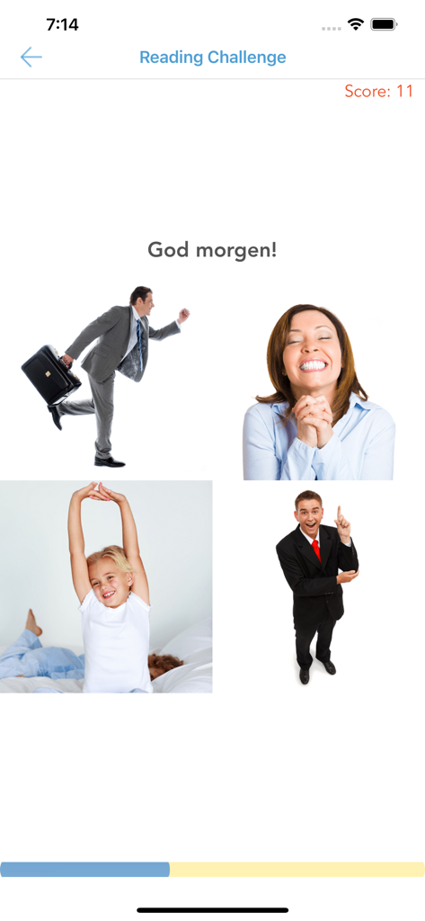 Reading challenge screen in the Danish for Beginners app showing the phrase God morgen with four image options