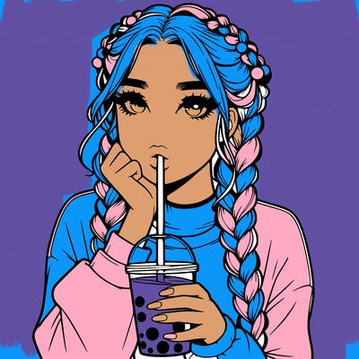 realistic girl with braided hair drinking boba