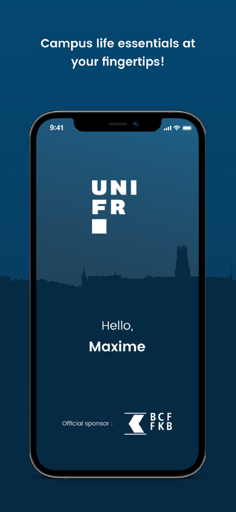 Tela de boas-vindas do aplicativo UNIFR Mobile com uma saudação personalizada e o logotipo da Universidade de Friburgo.