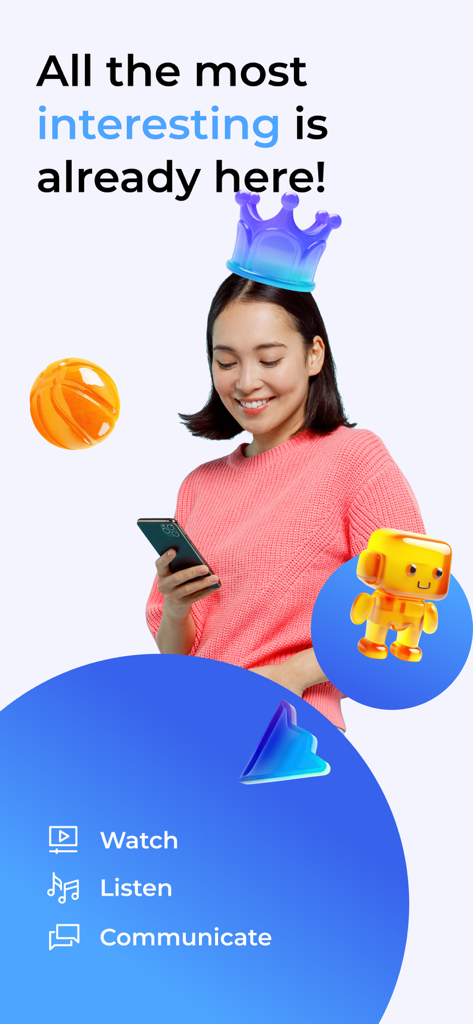 Aitu Superapp - 笑顔の女性がAitu Superappを使用しており、映画鑑賞、音楽鑑賞、コミュニケーションのオプションが表示されている。