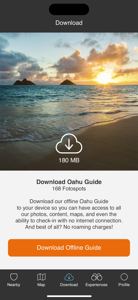 Oahu Offline Island Guide - Screenshot of the Oahu Offline Island Guide app showing the download page for offline maps and photo spots with a sunset beach background