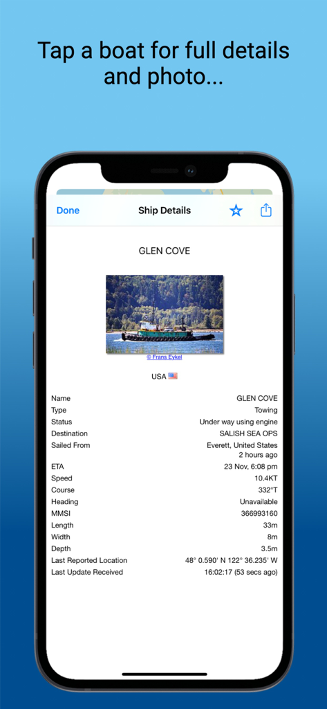 Capture d'écran de l'application Boat Watch affichant les détails complets du navire et une photo du navire