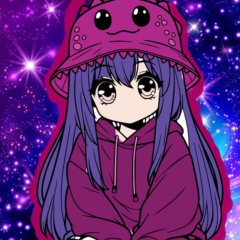 girl with anime shaped eyes with a dinosaur bucket hat oversized sweatshirt long straight hair