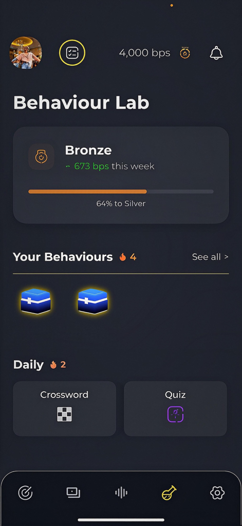 Pouch - The Behaviour Lab screen in the Pouch app showing progress towards Silver rank with daily crossword and quiz games to build financial habits.