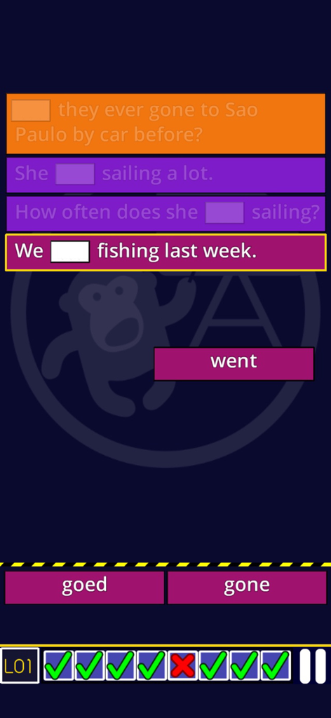 English Verbs & Tenses Smash - A screenshot of the English Verbs and Tenses Smash app showing a gamified grammar quiz where a user selects the correct past tense verb to complete a sentence.