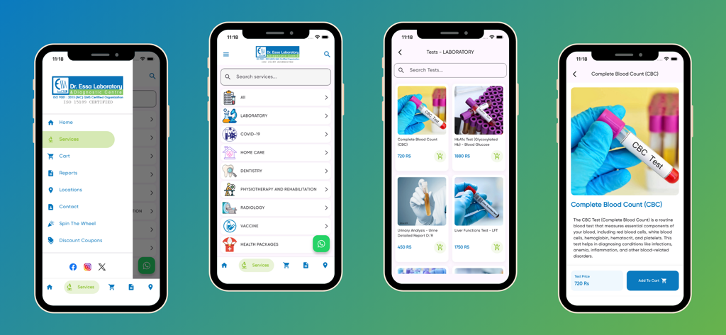 Dr. Essa Lab - Four screenshots of the Dr. Essa Lab app displaying medical test services and lab report booking features