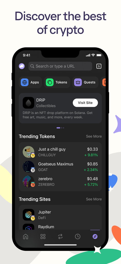Phantom - Crypto Wallet - Mobile Oberfläche der Phantom Krypto-Wallet, die den Discover-Tab mit angesagten Tokens und dezentralen Websites zeigt.