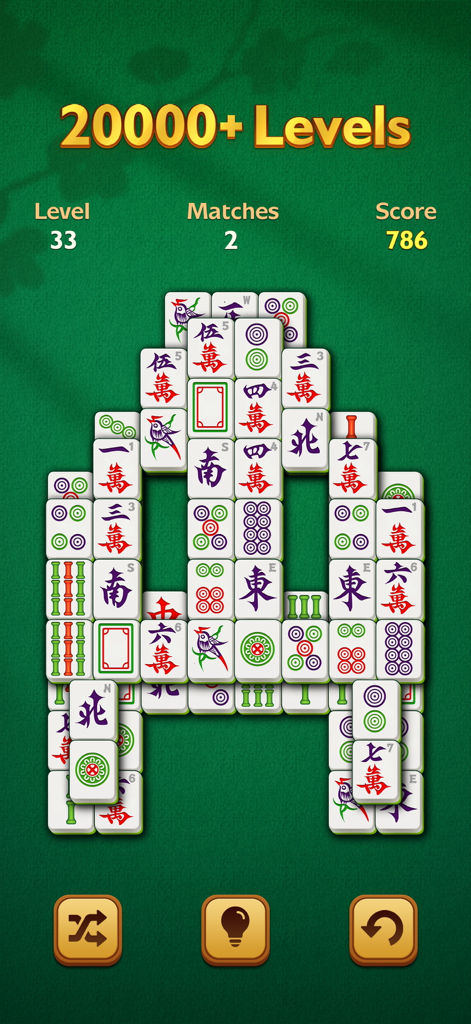 Vigor Mahjong - 大きな読みやすいタイルと20,000以上のレベルを示すバナーが特徴のVigor Mahjongゲームプレイ画面