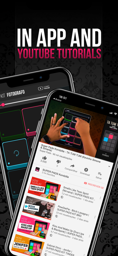 KondZilla Beat Maker - Smartphone screens showing KondZilla Beat Maker app interface and YouTube tutorial videos for making beats.