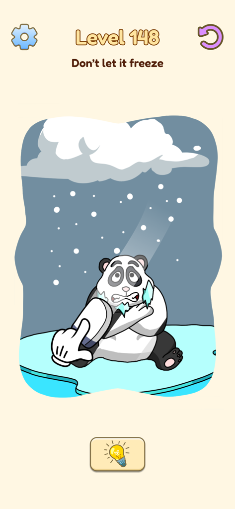 삭제 퍼즐의 게임 플레이 스크린샷으로, 얼음 덩어리 위에 있는 덜덜 떨고 있는 팬더가 레벨을 풀기 위해 눈 구름을 지우는 모습을 보여줍니다.