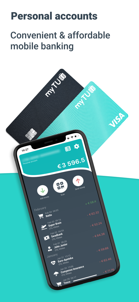 Un smartphone affichant l'interface de l'application bancaire mobile myTU à côté de deux élégantes cartes de débit Visa.