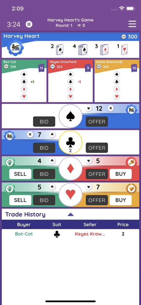 Figgie By Jane Street - Gameplay interface of Figgie by Jane Street showing card suit trading with bids and offers