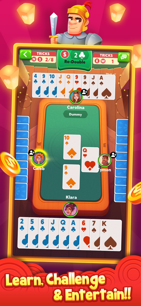 A digital Bridge card game match in progress showing the card table player hands and game scoring