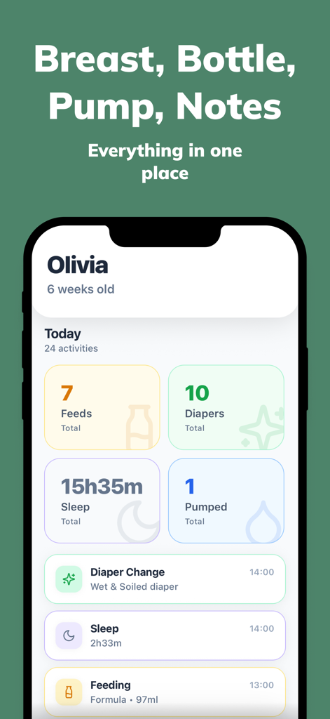 Buggy: Baby Tracker & Log - Dashboard of Buggy Baby Tracker app showing daily summaries for feeding, diapers, sleep, and pumping sessions