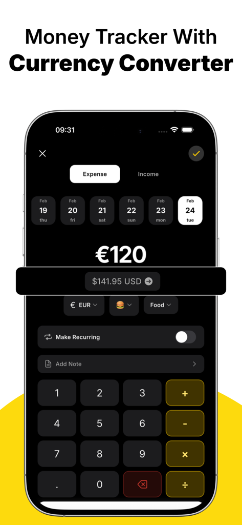 Money Manager: Moneyflo - Moneyflo App-Bildschirm zeigt Ausgabenerfassung mit Währungsumrechnung von Euro in USD