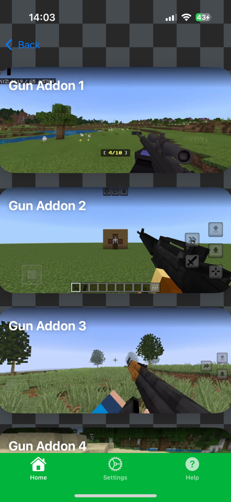 Gun Addons for Minecraft - Una biblioteca de addons de armas para Minecraft mostrando vistas previas de juego en primera persona de varias armas.
