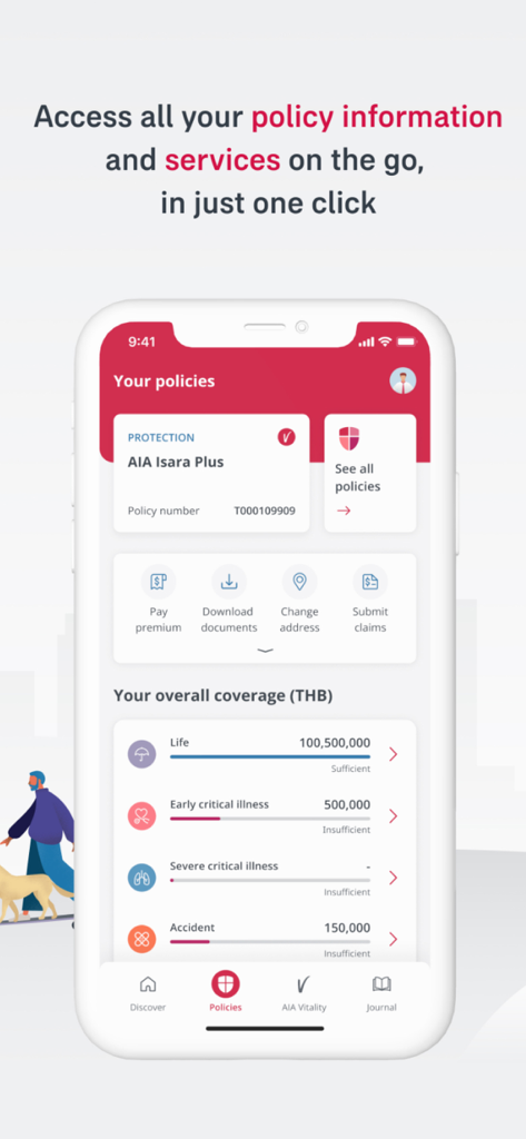 AIA Plus Thailand app screenshot showing policy details coverage overview and service options like paying premiums and submitting claims
