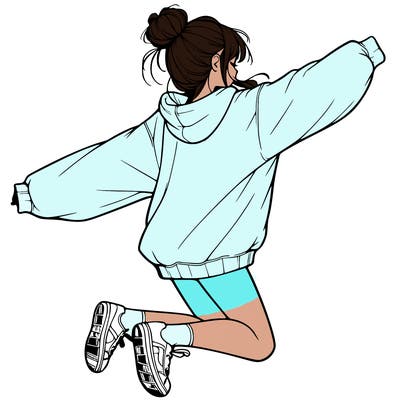realistic girl jumping with a bun and oversized sweatshirt