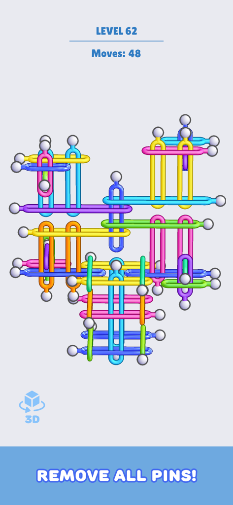 Pin Out Master: Tap Away Game - Gameplay screenshot of Pin Out Master showing a complex puzzle with interlocking colorful pins on level sixty two
