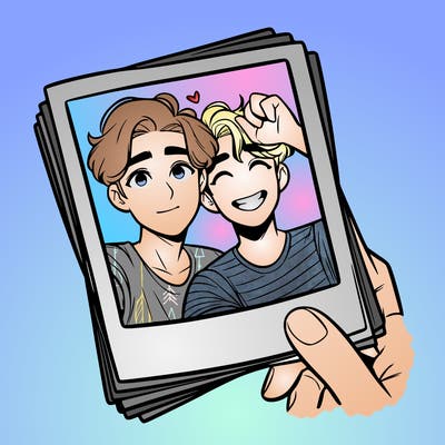 realistic, best friends taking a polaroid picture