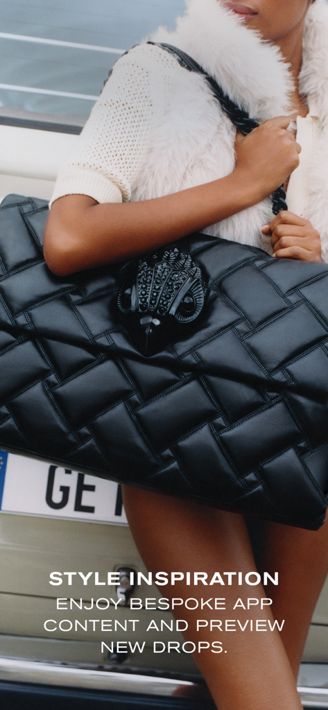 Kurt Geiger: Shop Shoes & Bags - A woman wearing a white fur vest and carrying a large black quilted Kurt Geiger handbag