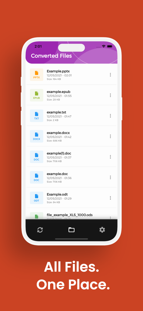 PPTX Converter, PPTX to PDF - Uma lista de documentos convertidos no aplicativo Conversor PPTX mostrando vários tipos de arquivo como PPTX, EPUB e DOCX
