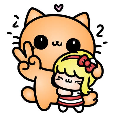 kawai cat holding up a peace sign hugging little girl