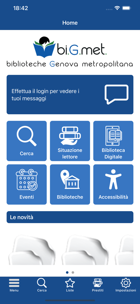 Home screen of the bi.G.met app showing library services and navigation menu