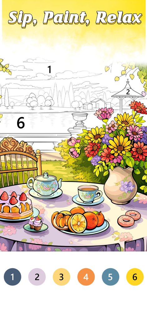 Entspannende Malen-nach-Zahlen-Szene eines Teetisches in einem Blumengarten