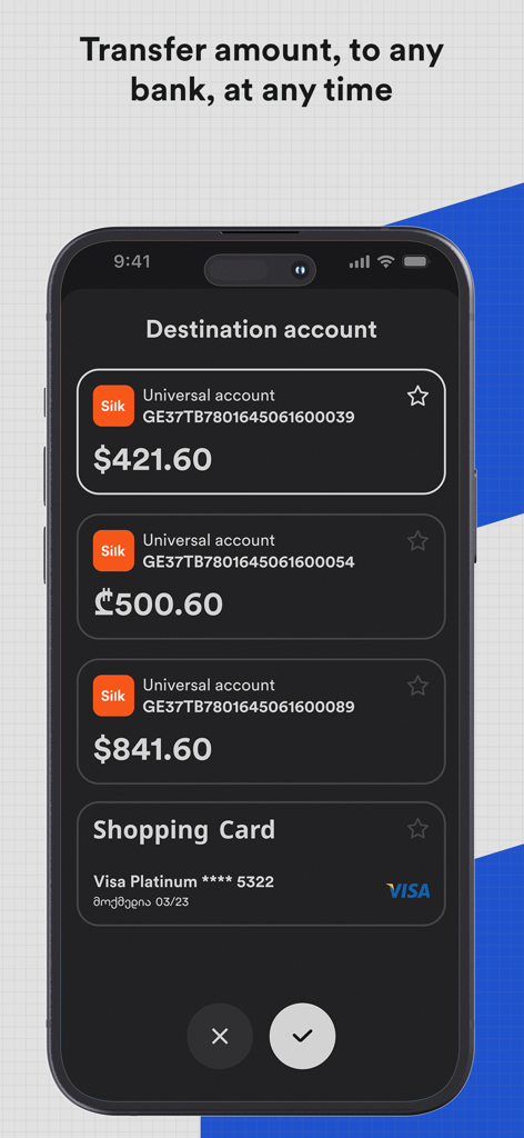 Silk Bank mobile app interface showing a list of destination accounts for money transfers