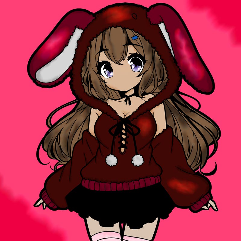 pretty anime girl wearing a fluffy hoodie with bunny ears on the hood and a skirt