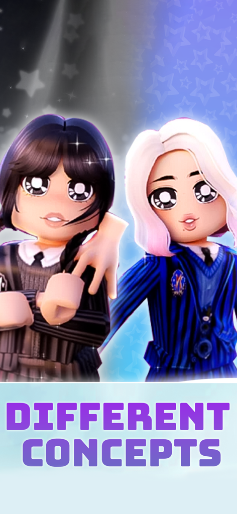 Famous Fashion Roblox Star - Two stylised characters in school uniforms representing different fashion concepts in the Famous Fashion Roblox Star game.