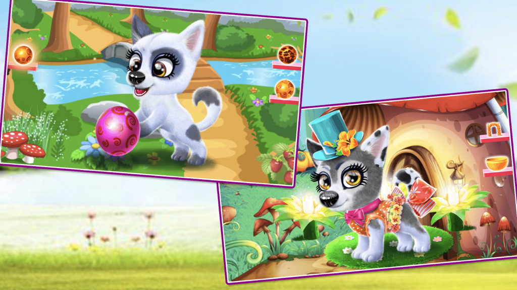 模拟宠物养成 - 宠物游戏之照顾小狗狗 - A cute cartoon puppy playing with a pink ball and wearing a stylish dress-up outfit in a forest setting.