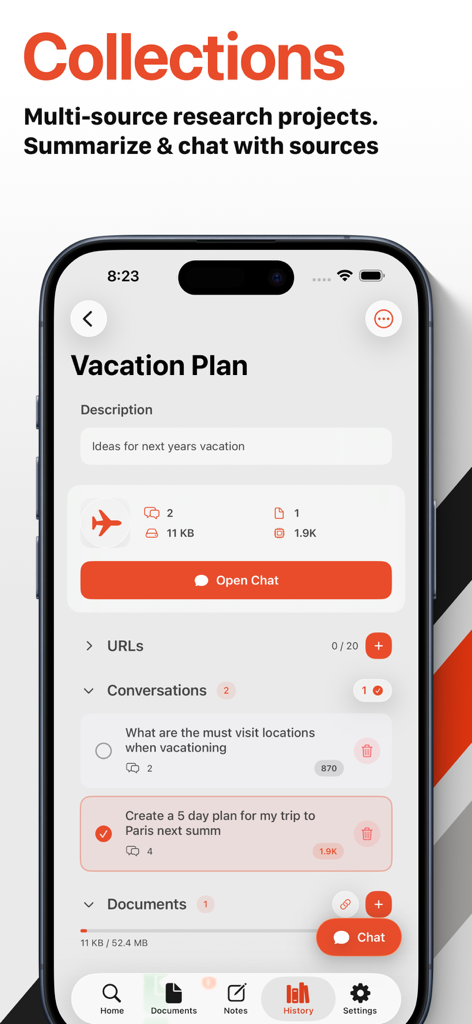 Chunk: AI Research Assistant - Screenshot of the Chunk AI app showing the Collections feature where users can organize multi-source research projects like a vacation plan.