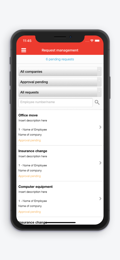 Payroll by Nethris - Nethris app request management interface showing a list of pending employee requests including office move and equipment.