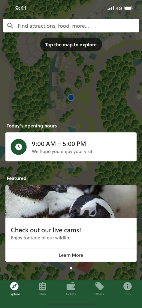 San Diego Zoo app explore screen featuring an interactive map, daily opening hours, and wildlife live cams.